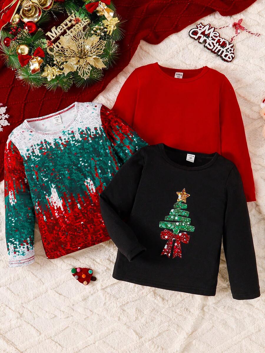 SHEIN Young Girl Cute Christmas Tree Pattern Long Sleeve Casual Outfit Set, Korean Style - Multicolor - View 1