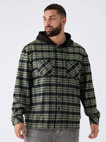 Manfinity VCAY 大码男士休闲格子拼布针织连帽宽松落肩长袖衬衫，适合秋冬季