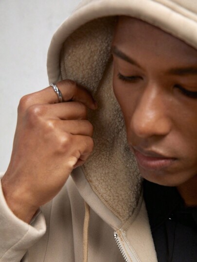 AKNOTIC Business Casual 男士超大宽松连帽运动衫，卡其色罗纹抽绳针织毛绒拉链，长袖，适合秋冬季休闲通勤