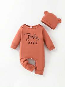 Newborn Baby Boy Letter Print Crew Neck Long Sleeve Casual Jumpsuit - Coral Orange - View 1