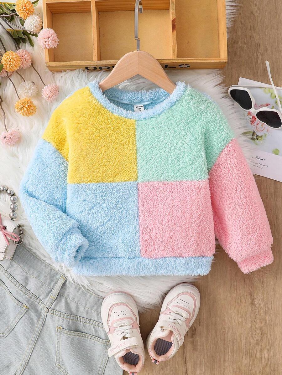 SHEIN Chaqueta estilo teddy de bloques de color con hombros caídos para niña joven, sudaderas, imprescindible para chica cool, versátil, ideal para uso casual y diario, y para la escuela en otoño e invierno