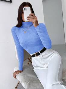 EURMUSE Turtleneck Ribbed Knit Sweater - Blue - View 6