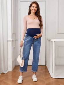 SHEIN Jeans de cintura alta con color de contraste y parche para maternidad - Azul lavado medio - Ver 5