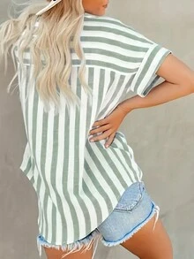 Women's Fresh Casual Striped Print Short Sleeve Polo Shirt - Green - View 2