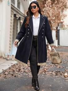 SHEIN Unity 大码翻领长袖纽扣式时尚前开迷人优雅针织黑色外套，适合冬季 - 黑色 - 查看 6