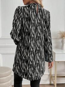EMERY ROSE Long Sleeve Stand Collar Allover Print Casual Shirt - Black and White - View 2