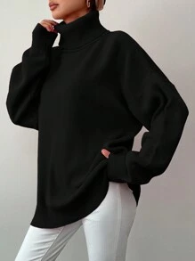 EURMUSE 女士休闲纯色高领宽松毛衣，秋冬 - 黑色 - 查看 3