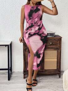 SHEIN Clasi Plus Size Round Neck Sleeveless Fashionable Fitted Ruched Split Hem Dress - Multicolor - View 7