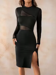 Glamine Women's Black Mesh Paneled Dress With Cutout Hem & Side Slit - Elegant Sexy Fall Outfit For Women - Black - View 1