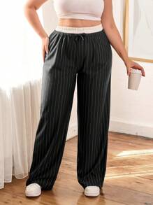 EURMUSE Plus Size Color Block High Waisted Vertical Stripe Pants - Black - View 3