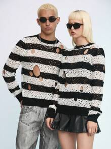 Manfinity Roghcode Men 1pc Striped Pattern Cut Out Sweater - Multicolor - View 1