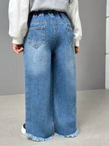 SHEIN Explorewe Young Girls Washed & Faded Denim Jeans - Medium Wash - View 9