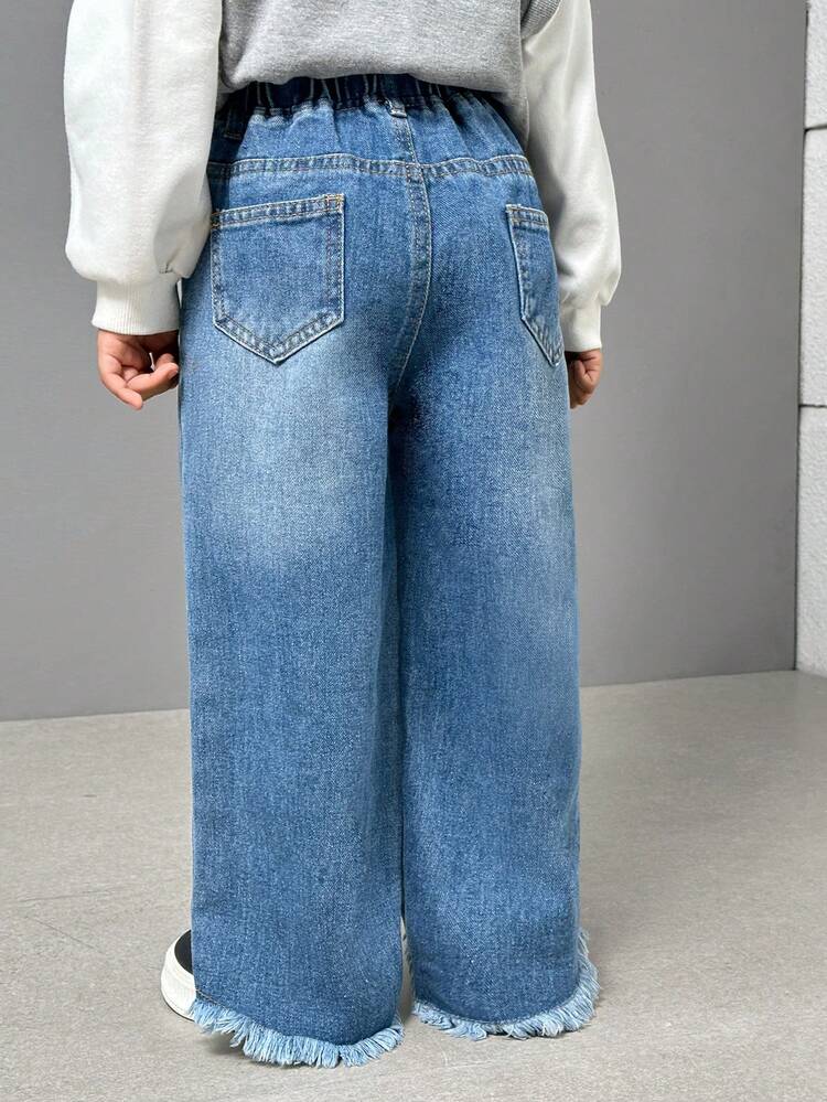 SHEIN Explorewe Young Girls Washed & Faded Denim Jeans - Medium Wash - View 9