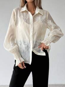SHEIN Clasi Blusa de manga larga con botones de moda, elegante y encantadora para mujer - Albaricoque - Ver 4