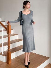 DAZY Women's Solid Color Sweater Dress With Ruffle Hem, Long Sleeve, Elegant Fitted, For Autumn & Winter,Fall Women Clothes - Grey - View 4