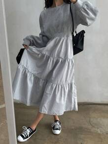 DAZY 圆领休闲拼布腰部修身复古荷叶边下摆连衣裙，秋季连衣裙长袖连衣裙 - 灰色 - 查看 6