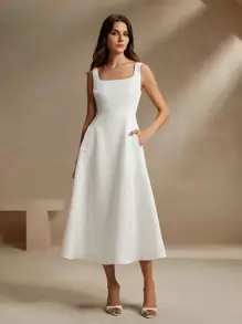 Anewsta French Style White Square Neck Camisole A-Line Waisted Slim Dress Maxi Women Outfit - White - View 5