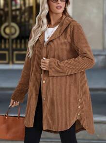 SHEIN LUNE Women's Textured Striped Long Sleeve Hooded Regular Jacket, Fall & Winter - Coffee Brown - View 3