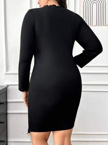RueChic Plus Knit Dress With Pearl Accessory Detail - Black - View 2