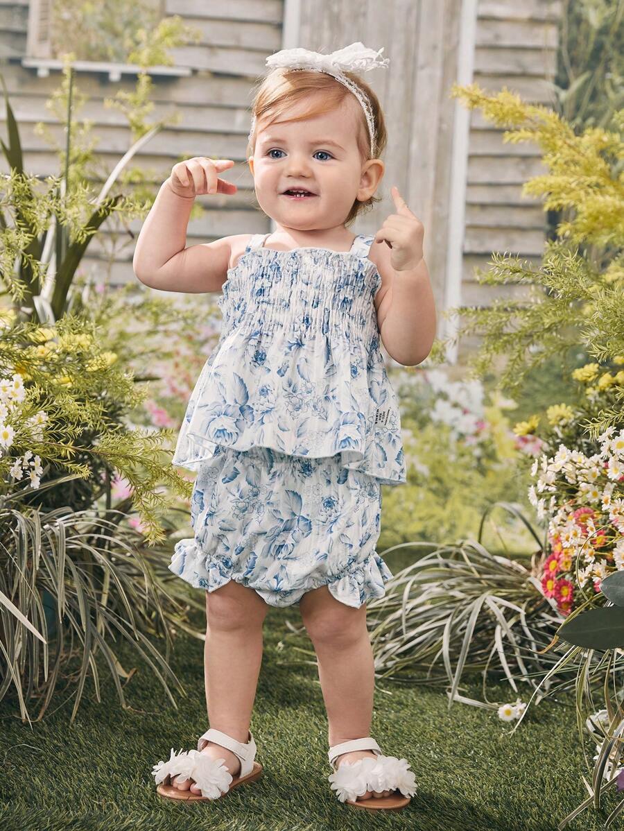 Baby Girls' Beach Holiday Style Floral Printed Shirred Cami Tank Top And Triangle Briefs Set For Summer