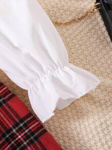 青少年女孩休闲纯色泡泡袖衬衫、背心和格子迷你裙 3 件套 - 紅色 - 查看 6