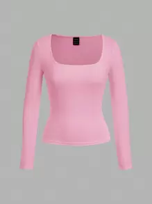 SHEIN EZwear 2pcs Women's Square Neck Skinny Long Sleeve Casual T-Shirt Set, Suitable For Autumn And Winter