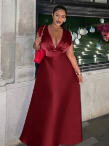 Slaydiva Plus Size - High-End Elegant Non-Stretch Sateen Fitted Fuchsia V-Neck Swing Shiny Plus Size Dress - Burgundy - View 5