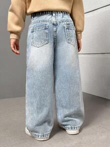 Young Girl Simple Button Front Pocket Casual Denim Jeans, School, Campus, College - Light Wash - View 11
