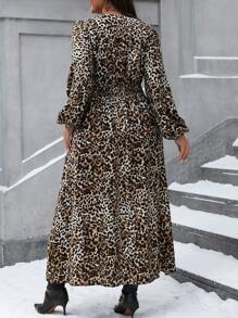 SHEIN Clasi 大码 V 领长袖休闲豹纹优雅连衣裙 - 棕色 - 查看 2