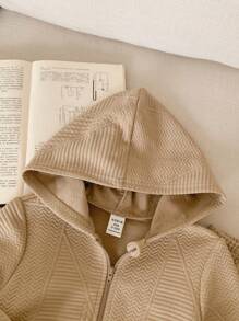 SHEIN 2pcs Baby Boy & Girl Casual Hooded Sweatshirt & Elastic Waist Pants Set, Khaki Textured Fabric, Suitable For Autumn & Winter - Multicolor - View 9