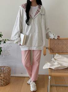 DAZY Women's Loose Plaid Patchwork Lined Hoodie Sweatshirt,Fall Women Clothes Jacket Zip Up - Grey - View 2