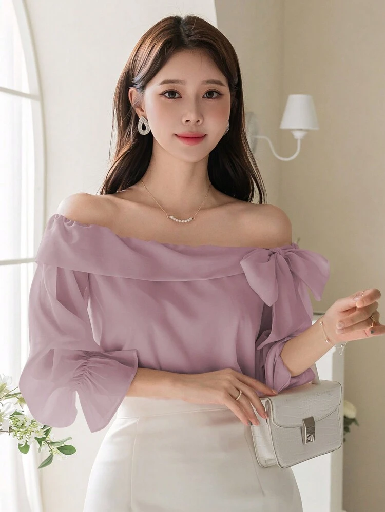 1pc Women Off Shoulder Tie Bow Solid Blouse,Ruffle,Fall Clothes Long Sleeve Top Cute Tops Valentine's Day