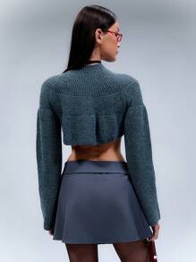 TypaGal Top corto con cuello alto de punto y puños acampanados, otoño e invierno - Gris - Ver 2