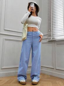 SHEIN EZwear 蓝白条纹宽松直筒裤 秋冬 - 藍白色 - 查看 5