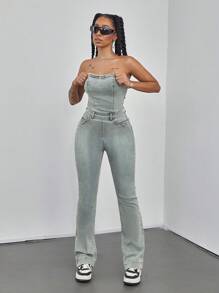 复古后拉链吊带牛仔连体裤，休闲装 - 淺色水洗藍 - 查看 1