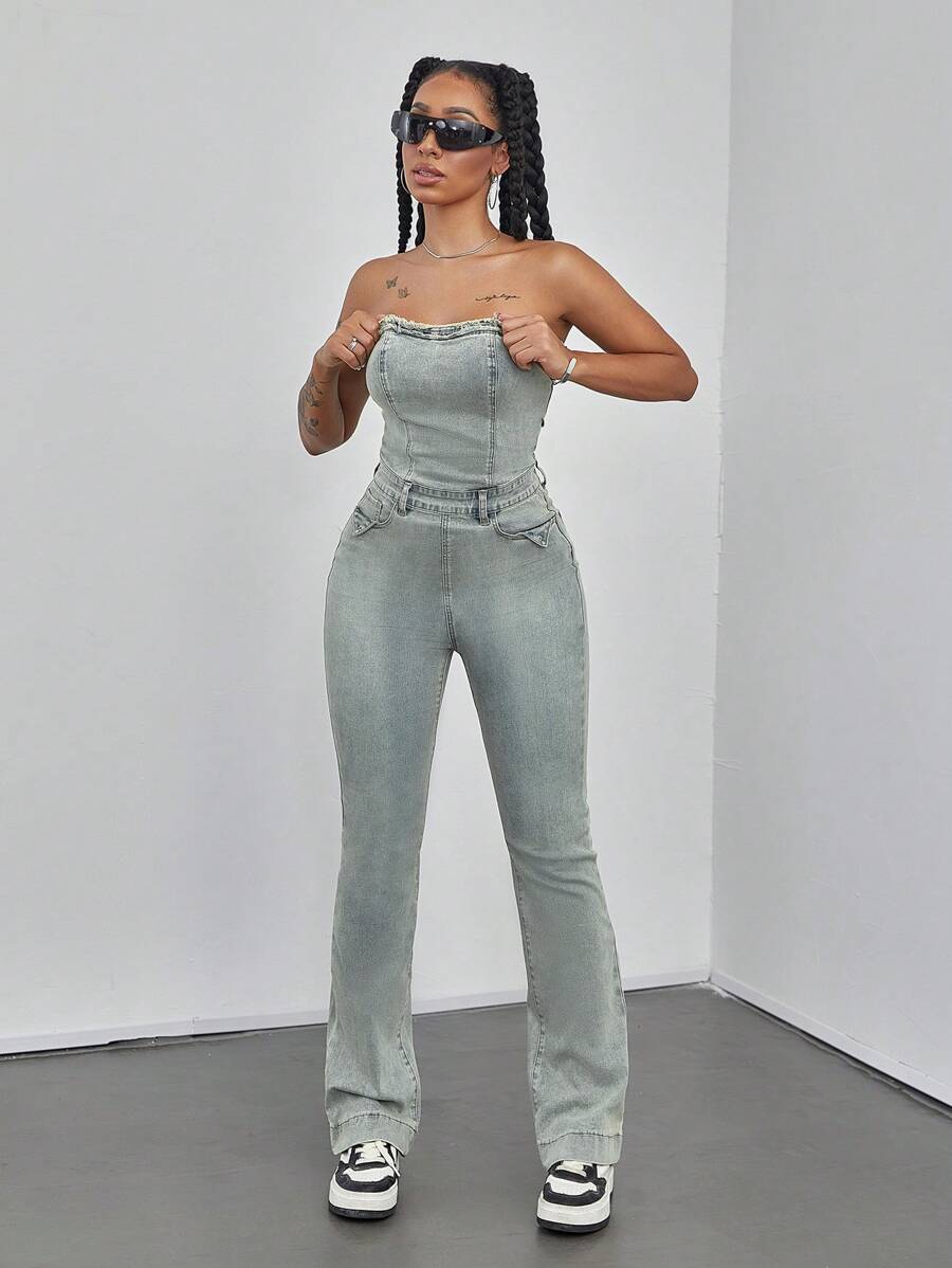 复古后拉链吊带牛仔连体裤，休闲装 - 淺色水洗藍 - 查看 1