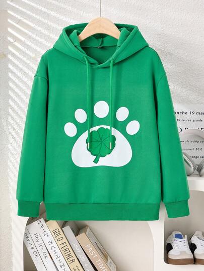 Women's New Fashion Casual Mouse Ear Bear Paw Four Leaf Clover Hoodie, Green Lucky Four Leaf Clover Design, Daily Family Matching Outfits (Mommy And Me 3-Piece Sold Separately) Pullover Fall Outfit