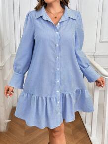 SHEIN VCAY 加大碼條紋印花荷葉邊鬆身連衣裙 - 彩色 - 查看 5