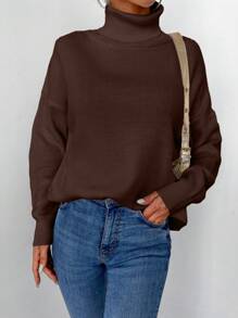 EURMUSE Women's Solid Color Turtleneck Long Sleeve Casual Sweater - Chocolate Brown - View 3