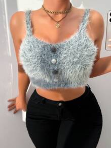VaVaBold Women's Knitted Top, Women's Top, Suspender, Artificial Fur Button, Gray Sleeveless, Short, Sexy, Slim Fit, Friends, Parties, Four Seasons, Spring And Autumn Styles, Women's Clothing