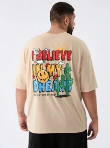 Manfinity VCAY 大码男士休闲笑脸印花宽松落肩圆领短袖 T 恤，适合夏季日常穿着 - 卡其色 - 查看 4