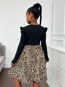 SHEIN Leap Crew 少女甜美荷叶边蝴蝶结拼接碎花长袖休闲连衣裙，适合居家和外出 - 黑色 - 查看 2