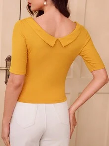 Vintamour 复古优雅女士V领蝴蝶结装饰七分袖针织T恤，适合早午餐、音乐会、商务、秋季、工作、万圣节、返校节、圣诞节等场合。 - 黃色 - 查看 6