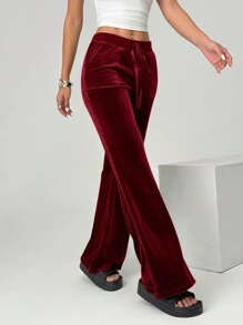 SHEIN EZwear Women's Casual Red Velvet Flare Pants