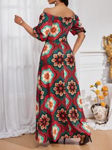 SHEIN Lady Vestidos elegantes y casuales de otoño e invierno para vacaciones, con mangas de obispo, hombros descubiertos y coloridos para mujeres