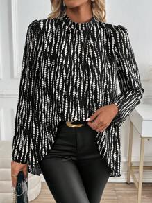 EMERY ROSE Long Sleeve Stand Collar Allover Print Casual Shirt - Black and White - View 4