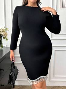 RueChic Plus Knit Dress With Pearl Accessory Detail - Black - View 3