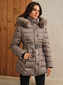 Anewsta Dames getailleerde taille taille middellange verwijderbare bontkraag & capuchon jas, Khaki