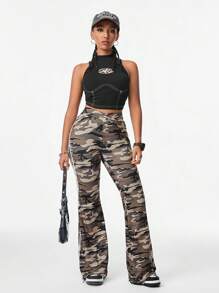 SHEIN EZwear Coolane 女式街头运动休闲迷彩印花弹力编织带纹理装饰舒适黑色喇叭裤 - 彩色 - 查看 4