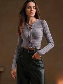 Anewsta Women's Solid Color Long Sleeve Hollow Simple Casual Sweater, Knit Pullover Fall Winter - Grey - View 3